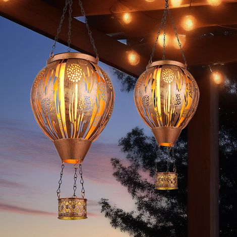 Solarlampe Gartendeko LED Solarleuchte Heißluftballon Feuereffekt Außenleuchte Hängelampe Terrassenleuchte, Dekorstanzugen, braun kupfer, DxH 14 x 46 cm, 2er Set