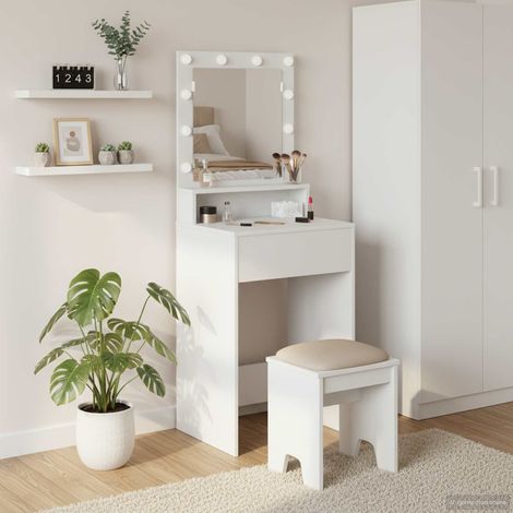 Coiffeuse blanche avec miroir et éclairage LED, bois d’ingénierie, 50 x 41 x 135 cm - PANGIVO (1/5)