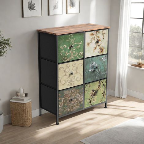 Commode, meuble TV, structure métallique, 6 tiroirs, tissu, tiroirs de salon à motif floral vintage, plateau en bois, convient pour chambre et salon (67 x 30 x 86 cm). (1/5)