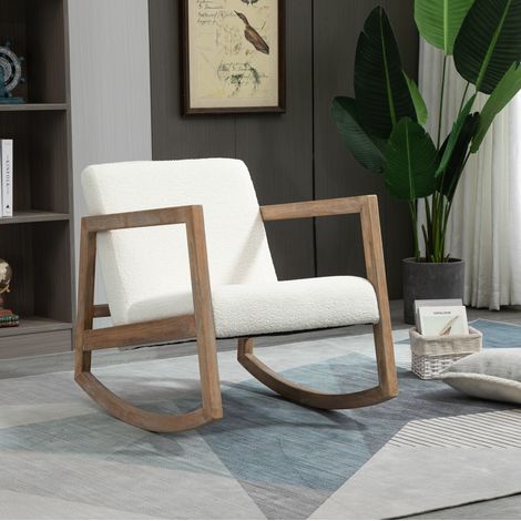Sedia a dondolo in legno di caucciù crema bianco, con cuscino imbottito, 60 x 81 x 71 cm (1/5)