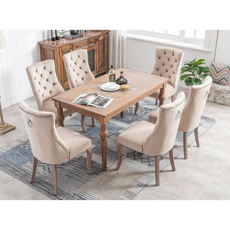 Set da 6 sedie da pranzo beige in velluto con schienale alto, bottoni decorativi, struttura in legno, stile moderno, seduta ergonomica e portata 150 kg CHICFURN (1/5)