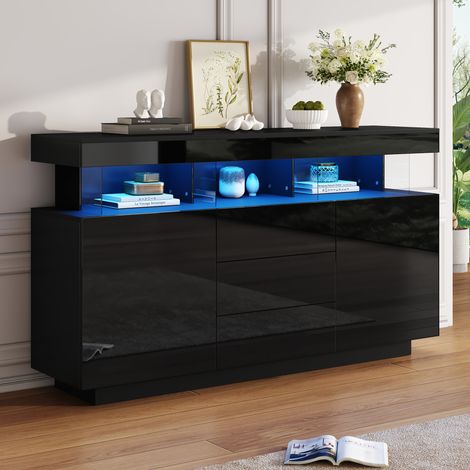 Sideboard moderne 140x35x80 cm, haut brillant acrylique, bar à café avec bande LED, meuble de rangement pour salon, cuisine, couloir (Noir) (1/5)