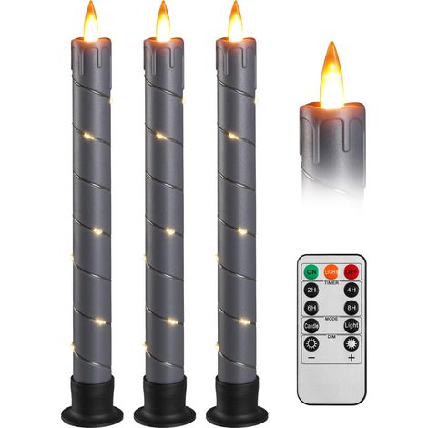 3er-Pack flammenlose, flackernde Spitzkerzen, batteriebetrieben, mit Fernbedienung und dynamischer 3D-Temporal-LED, 9,5 Zoll/24 cm, für Hochzeit, Party, Heimdekoration (grau)