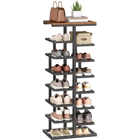 Étagère à Chaussures Verticale 8 Niveaux, Porte-Chaussures, Range-Chaussures Haut avec Cadre Métallique, Gain de Place, pour Entrée, Chambre, Salon, Marron Rustique et Noir EBF19XJ01 (1/5)