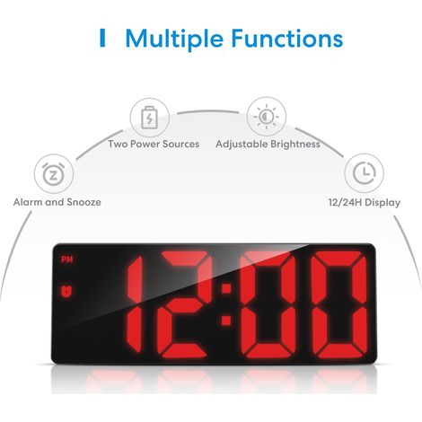Sveglia digitale, orologio elettronico con 3 livelli di luminosità, sveglia digitale alimentata da USB A o 3 batterie AAA (non incluse), sveglia snooze con controllo del suono e display LED (1/4)