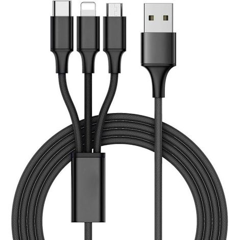 Chargeur - Câble de charge multifonctionnel 3 en 1, USB-C, Micro-USB, compatible avec iPhone - 1,2 m, noir (1/5)