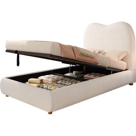 Lit Coffre Enfant 90 x 200 cm en Bouclé, avec Tête de Lit Rembourrée et Rangement, sans Matelas, Beige (1/5)
