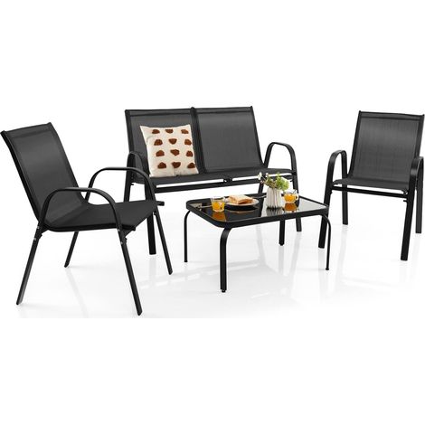 COSTWAY Juego de Muebles de 4 Piezas para Jardín/Conjunto de Muebles para Exterior con Mesa de Café, Banco y 2 Sillas Individuales, para Patio Piscina Balcón (1/5)