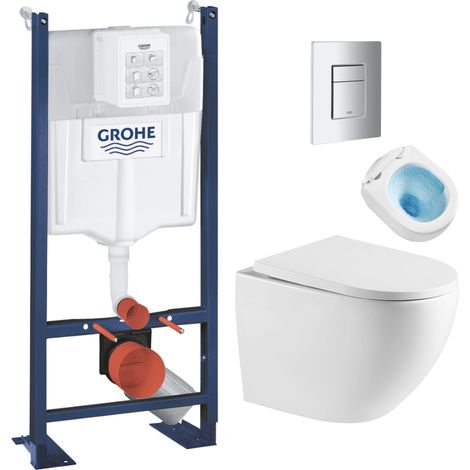Pack WC Bâti autoportant + WC sans bride Vortex SAT Fusion + Abattant softclose + Plaque Chrome