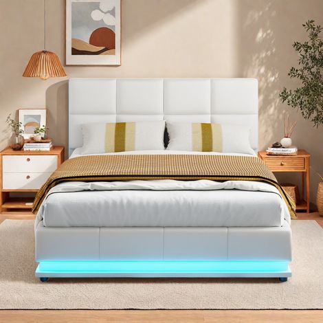 Lit rembourré 140x190 cm avec éclairage LED et relevage hydraulique, avec rangement, sommier et sommier à lattes, lit double pour adultes, lit pour adolescents, PU, blanc (1/5)