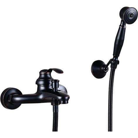Robinet de baignoire Noir Mitigeur de baignoire en laiton rétro avec douchette avec inverseur robinet à levier unique exposé