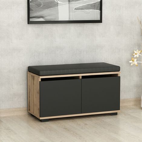 Banco zapatero Brande tapizado aglomerado/textil 42x80x35 cm - Roble/Negro [en.casa]