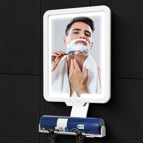 Miroir de douche antibuée avec lumière, grand miroir de rasage 2317.5cm anti-buée, rechargeable 3 modes de couleurs avec lumière dimmable, avec compartiment de rangement et porte-lame de rasoir (1/5)