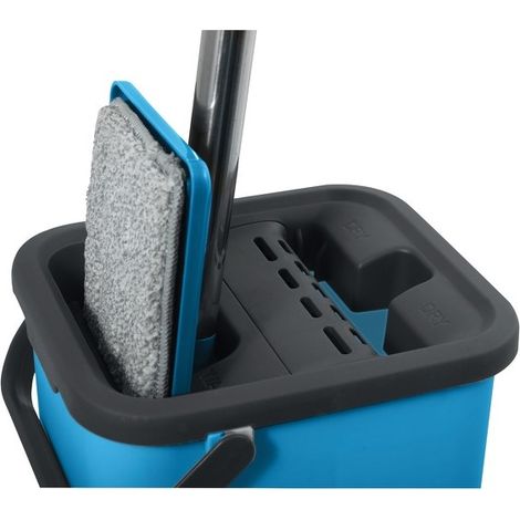 MSV – Ensemble de nettoyage balai à poussière et lave sol – Serpillière ergonomique avec essorage à plat – 2 franges microfibre – Seau compact 13x16x35cm