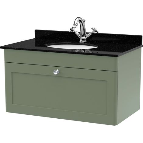 Swynnerton Traditional 1 Drawer Wall Hung Vanity Unit with Marble Basin, Satin Green, 800mm