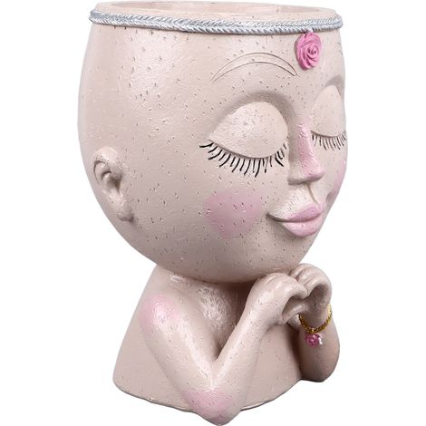 Pot de fleurs en résine en forme de tête de femme, style cœur, avec trou de drainage, pour plantes grasses, intérieur et extérieur, blanc. (1/5)