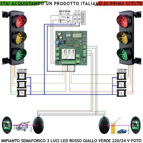 Kit Semaforo Orientabile 24 Led Rossi Gialli e Verdi 230 V 50 Hz 3 W CE IP65 Funzioni Controllate da 2 Coppie di Fotocellule il TX Batteria Tempi Regolabili da 3 a 240" Ingresso Uscita Veicoli Garage (1/5)