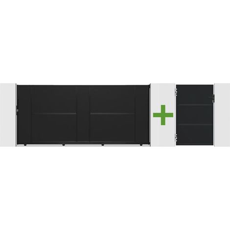 NALI 3,5 m Stahlschiebetor, 160 cm hoch, Schwarz + 160 cm hohes Fußgängertor
