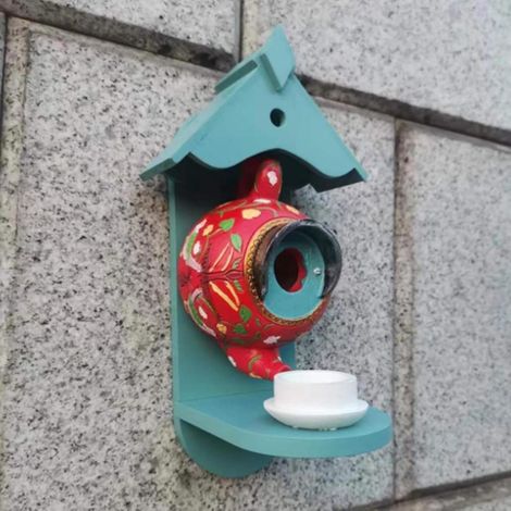Red Teapot Shaped Bird House Feeder  Creative Garden Ornament & Wild Bird Feeder