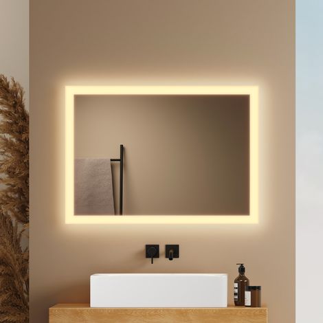 EMKE Rechteckiger Lichtspiegel 50x70cm Warmweißes Puristischer Badezimmerspiegel mit Klassischer Frostkante