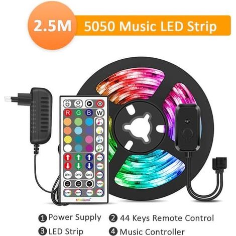 Ecleanfy - Bande LED RGB 5050 de 2,5 m, synchronisée avec la musique, multicolore. (1/5)