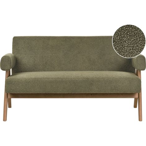 Divano 2 posti Retro Soggiorno Boucle Tappezzeria Gambe in legno Verde e Marrone Scuro Tamre (1/5)