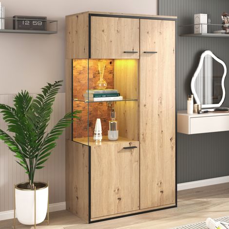 Vitrine moderne 150x78x40 cm, avec éclairage LED, porte vitrée, étagères en verre, grand espace de rangement, trois portes, cloisons modulables - coloris naturel (1/5)
