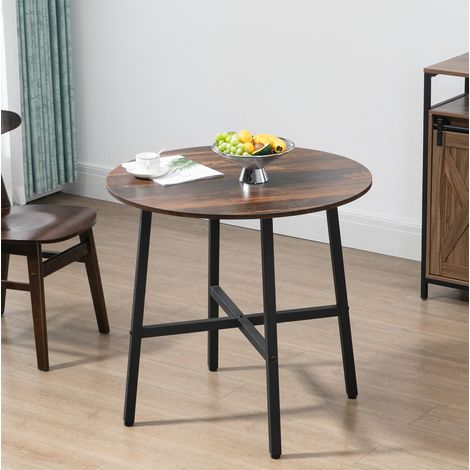 Table à manger Ø80x76 cm marron en bois plaqué avec structure métallique et patins antidérapants (1/5)