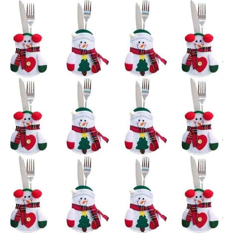 Juego de cubiertos con diseño de Papá Noel: incluye servilleta, cuchillos, tenedor, cuchara y vajilla para decorar la mesa en Navidad (12 piezas). (1/5)