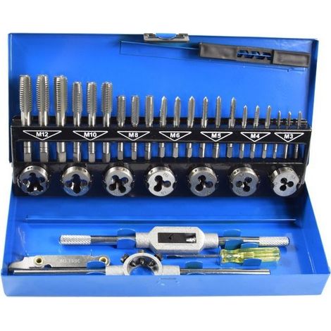 32 Pièces Ensemble de Tarauds et Filières en Acier Rapide HSS M3-M12, Outils de Filetage Manuel avec Clé, Carbure de Tungstène pour Métrique (1/4)