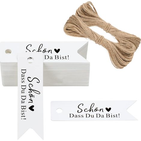 Étiquettes cadeaux « Schön dass du da bist » - Petites étiquettes de mariage pour cadeaux d'invités, étiquettes en papier blanc et noir avec ficelle de jute pour petits cadeaux d'invités de (1/5)