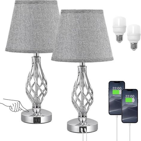 Lampe de chevet tactile 2 ports USB-C et USB-A, 2 ampoules, abat-jour en lin gris, base en métal, style contemporain, idéale pour les chambres, les salons et les hôtels [Classe énergétique F]