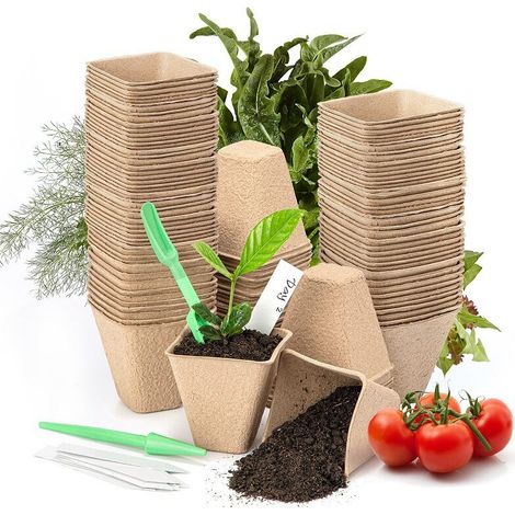 EASYCOMFORT 100 Pièces Pots de Semis Biodégradable Godets de Repiquage 8cm Carré Godet Semis Pot Jardinage avec 100 Étiquettes de Plantes pour Graine Légumes Fleurs Succulentes (1/5)