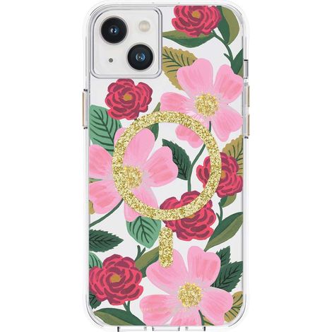 Étui Rifle Paper Clear MagSafe pour iPhone 14 Plus avec décoration dorée (Rose Garden) (1/5)