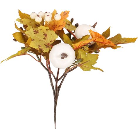 (3 Stück pro Packung) (Verpackungsmaße: 20 x 10 x 8 cm, Material: Seidenblätter und Schaumstoffkürbis) Künstlicher Herbstkürbisstrauß mit Ahornblättern (weißer Kürbis, Ginkgo, Ahornblattzweige) (1/5)