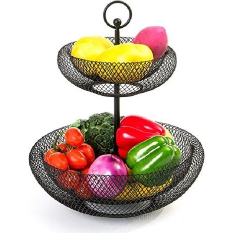 Corbeille à fruits à 2 niveaux – Corbeille à fruits – Plateau à fruits en fil métallique – Décoratif – À poser sur le plan de travail – Grand bol à fruits – Pour fruits, en-cas et légumes – Noir – 36, (1/5)