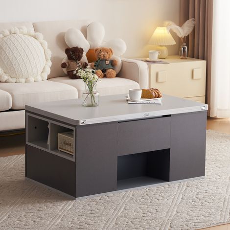 URBAN MEUBLE Table basse blanc et gris tablette relevable pliable, 2 portes 3 niches et 2 tiroirs 100x51cm