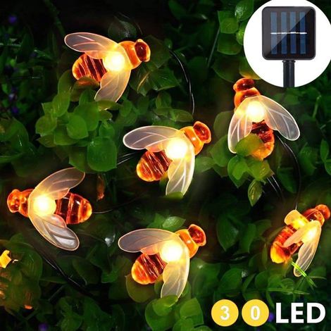 1 Guirlande lumineuse, 30 LEDs abeille, énergie solaire, blanc chaud, étanche, pour jardin, terrasse