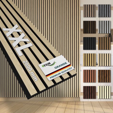 HEXIM Akustikpaneele 280x30cm Wandpaneele Grande Lamellen MDF Holz 0,85m² XXL Echtholzfurnier Wand 21mm Filz (1 Paneel - 0.854m², Light Oak)