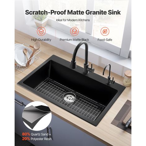 Évier de Cuisine Moderne en Granit de 83,8 cm, Évier à Poser à Large Cuve Simple, Bac à Laver Encastrable avec Accessoires Multiple… (1/5)