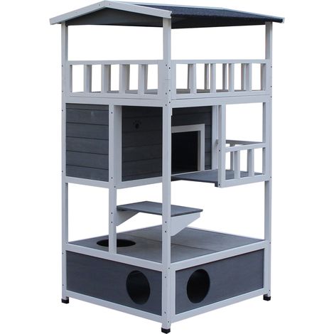 Casa para gatos de madera 75,5x75x137 cm caseta para gatos refugio para gatos con techo asfáltico plataformas para interior y exterior gris (1/5)