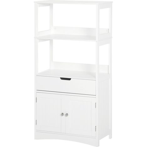 Badezimmerschrank mit 2 Türen, Schublade und 3 Einlegeböden, 60 x 33 x 122 cm, weißes MDF