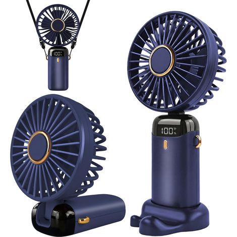 Ventilateur portable rechargeable par USB à 5 vitesses — Mini ventilateur de bureau pliable avec écran LED, idéal pour la maison, le bureau, la chambre et les voyages (Bleu foncé)