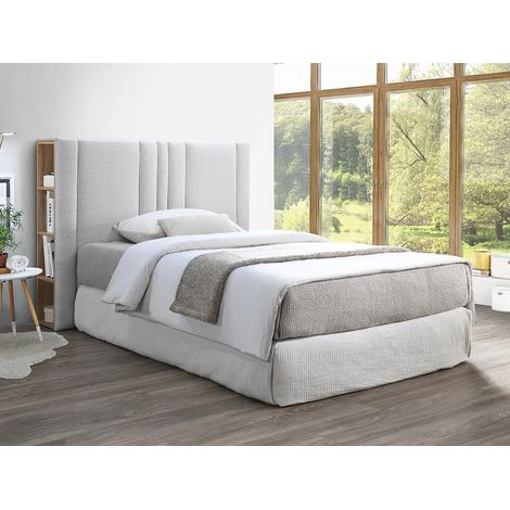 Vente-Unique – Tête de lit 140 cm avec rangements – Tissu 100% lin – 8 niches de rangement – Éco-responsable – Style contemporain gris clair