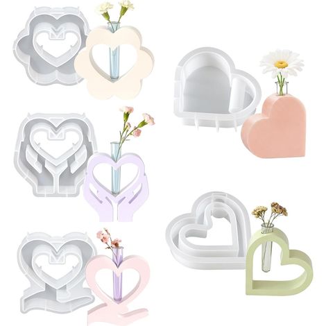 5 Pièces Moules Vase Silicone Coeur avec Tubes à Essai Moule Silicone Resine Epoxy Vase en Forme de Coeur pour Les Plantes Hydroponiques Bricolage Décor de Bureau à Domicile (1/5)