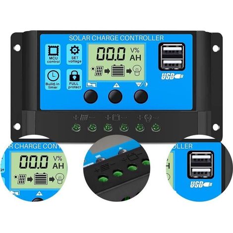 Régulateur de charge de panneau solaire PWM, 12 V/24 V, 30 A, écran LCD, double port USB (1/4)