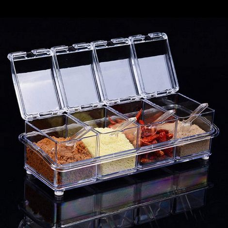 Clear - 4 Compartment Seasoning Box Set, Transparent Spice and Salt Jars, Kitchen Condiment Jars with 4 Spoons, Lids and Spoons (1/5)