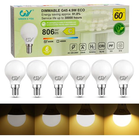 Ampoule Dimmable E14 LED Classe C, Blanc Chaud 3000K, 4.9W 806LM Equivalent 60W, LED G45 360 Degrés, 220-240V, Luminosité Réglable, Lot de 6 (1/5)