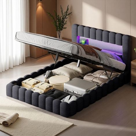 Cama doble 140x200 - Hidráulica con LED - Cofre de almacenamiento - Diseño moderno gris - Silenciosa