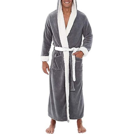 Accappatoio lungo con cappuccio da uomo, camicia da notte morbida, accappatoio, grigio L Grigio (1/2)